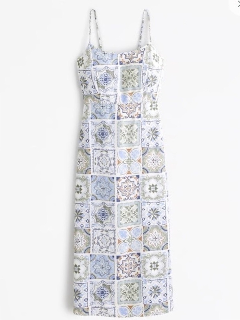 Abercrombie & Fitch Tile-Print Spaghetti-Strap Midi Dress in Blue and Green